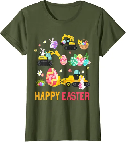 Vista 18 de Kids Happy Easter Construction Crane Truck Boys Toddler T-Shirt Negro