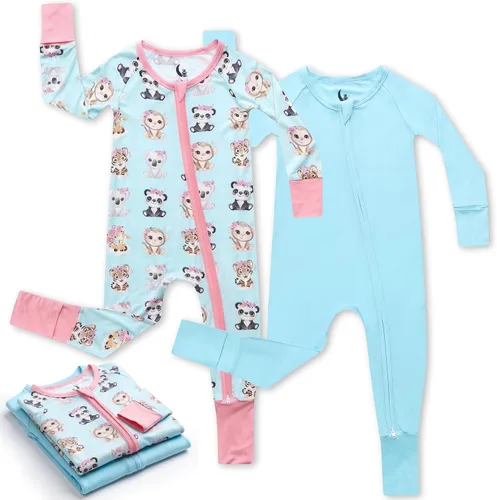 Vista 15 de Pijama de viscosa de bambú con cremallera de 2 vías para cambio de pañal, 0 a 24 meses, suave y elástico, paquete de 2 Oso azul