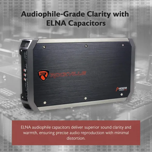 Vista 7 de Rockville RXH-F5 amplificador para auto de 5 canales de 3200W, RMS certificado por dyno, con fuente de alimentación MOSFET, condensadores ELNA