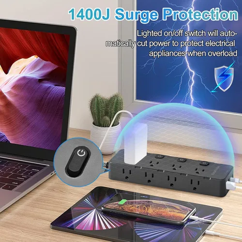 Vista 4 de Regleta de protección contra sobretensiones de 10 pies - 8 tomas de CA ampliamente espaciadas, 4 puertos USB (2 USB C), cable de extensión