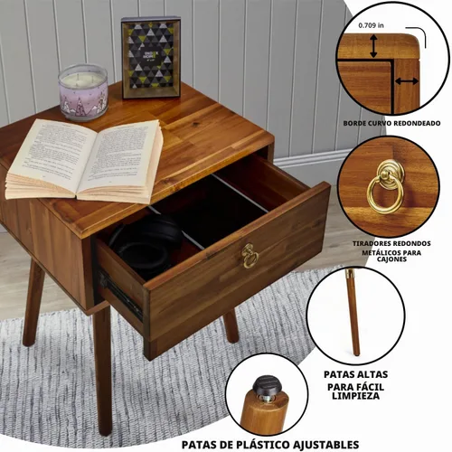 Vista 3 de Bme Caden Mesita de noche/Mesa auxiliar/Mesa de centro de madera maciza, completamente ensamblada, con 1 cajón para dormitorio y sala de estar
