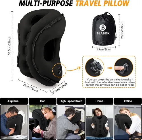 Vista 10 de Almohada inflable de viaje, almohada de cuello de viaje multifunción para avión para evitar dolor de cuello y hombros, soporte para la cabeza