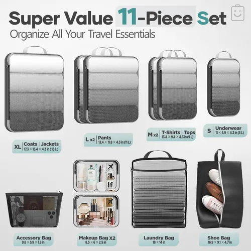 Vista 2 de Veken Juego de 11 cubos de compresión para artículos esenciales de viaje, bolsas organizadoras compresibles expandibles grandes para ropa, bolsas