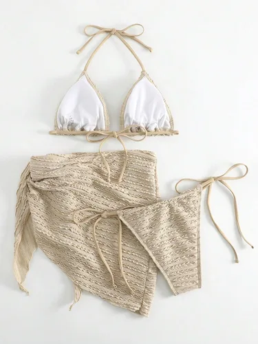 Vista 2 de GORGLITTER Traje de baño de 3 piezas para mujer, conjunto de bikini de triángulo halter con falda de playa