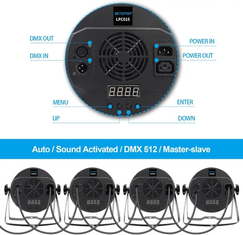 Vista 3 de BETOPPER Luces de escenario para fiestas, 54x3W LED Par Light RGB, DMX DJ luces activadas por sonido, iluminación estroboscópica para fiesta, boda
