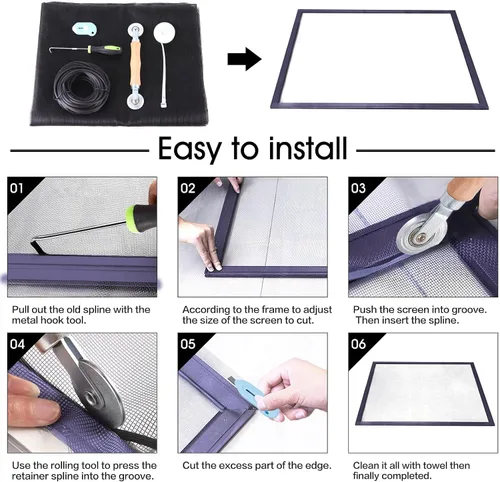 Vista 2 de Kit de reparación de mosquiteros de ventanas y puertas mosquitero, malla de fibra de vidrio color carbón de 48"x118" con herramienta de Negro