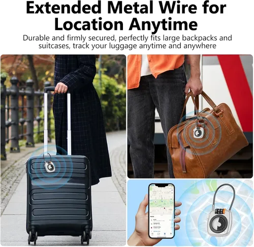 Vista 4 de Compatible con Apple AirTag Secure Lock con cable de alambre, candados de equipaje combinados de 3 dígitos, cuerpo de aleación ultra duradero, funda