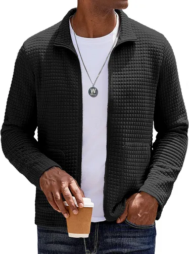 Vista 14 de COOFANDY Chaqueta Varsity Ligera para Hombre Chaquetas Bomber Casuales Sudaderas Waffle con Cremallera y Bolsillo