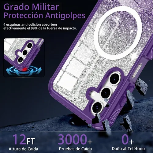 Vista 5 de Funda para Galaxy A16 5G, compatible con MagSafe, funda magnética con purpurina integrada con protector de pantalla de vidrio templado 9H, funda