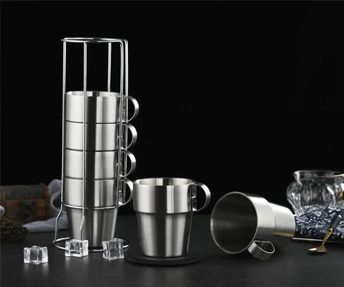 Vista 2 de Tazas de café apilables de acero inoxidable, tazas de té aisladas con mango de acero inoxidable, taza de café aislada de doble pared, mantiene
