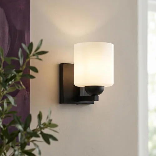 Vista 5 de mirrea Lámpara de tocador negra de 1 luz para espejo, aplique de pared de baño con pantallas de vidrio blanco esmerilado