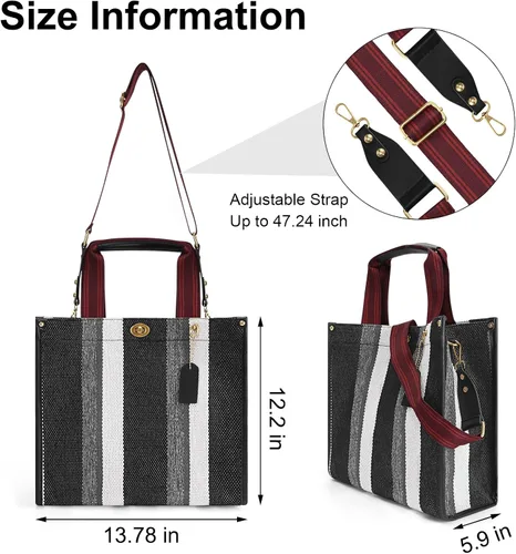 Vista 6 de Bolso de lona para mujer, bolso cruzado estilo hobo, bolso casual de lona, bolso de hombro con asa superior, color a rayas