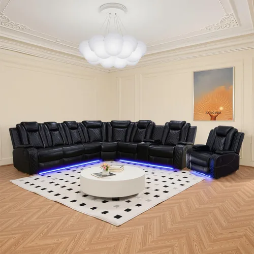 Vista 39 de Juego de sofá modular reclinable eléctrico con luz LED, juego de sofá modular reclinable de cuero, incluye sillón reclinable individual, juego