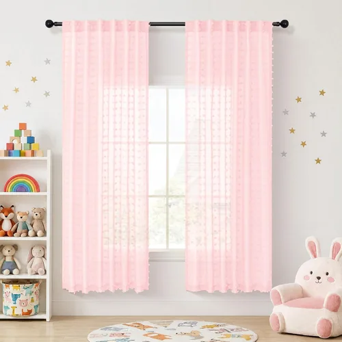 Vista 26 de Cortinas Beige Semitransparentes de 63 Pulgadas de Largo para Dormitorio, Sala de Estar, Guardería Infantil, Ventana con Diseño de Pompón