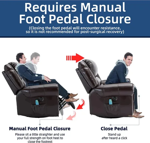Vista 7 de Silla reclinable giratoria con calor y vibración, silla reclinable manual giratoria de 360°, silla reclinable mecedora de masaje con bolsillos