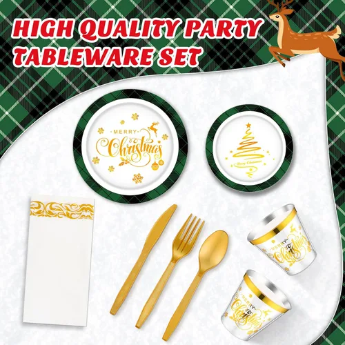 Vista 4 de Layhit Juego de 175 piezas de platos de plástico de Navidad desechables, vajilla de plástico de Navidad desechable para 25 invitados, platos