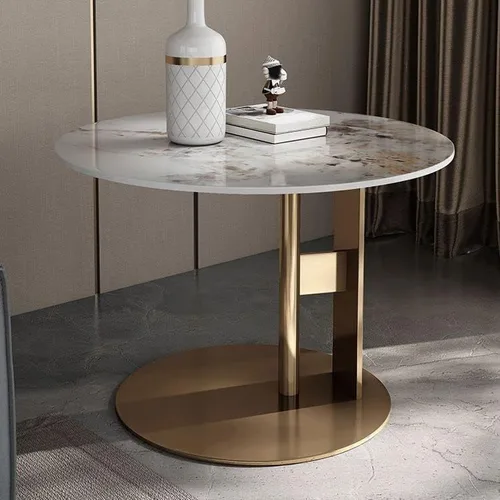 Vista 6 de Mesa auxiliar, mesa de centro redonda de estilo glamuroso de mediados de siglo con base de pedestal de acero, mesa central para sala de estar, mesa