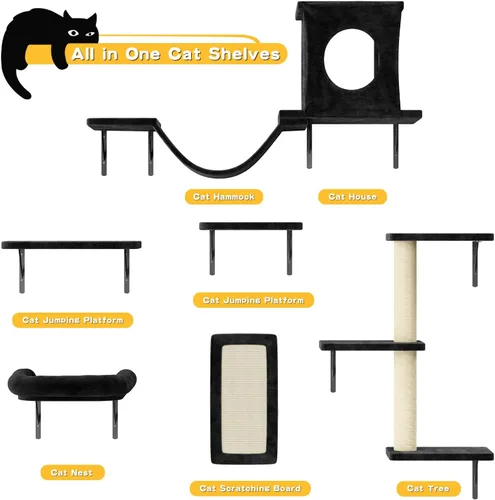 Vista 7 de NUNU LAB Estantes de muro para gatos, juego de 6 piezas de lujo montado en la pared, muebles para gatos interiores con 1 casa tipo condominio, 2