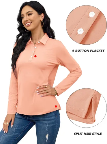 Vista 5 de TACVASEN Polo de golf para mujer, camiseta de manga larga, UPF 50+, secado rápido, 4 botones, rendimiento de tenis, ejercicio