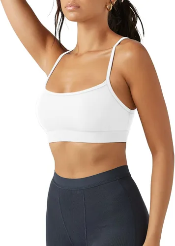 Vista 2 de LASLULU Brasier deportivo para mujer, sin costuras, espalda cruzada, tirantes delgados, bajo impacto medio, para entrenamiento, yoga, brasier