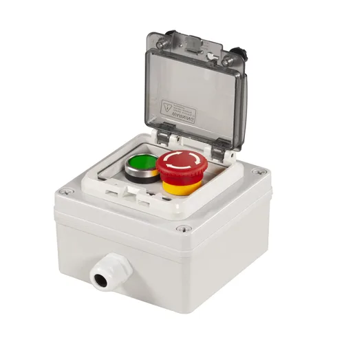 Vista 9 de Caja de botones con interruptor de parada de emergencia, botones de arranque/parada y rotativos (rojo/verde) Emergency Stop Button Red Green