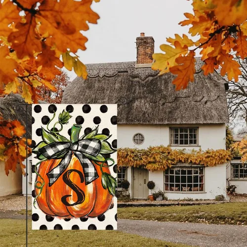 Vista 3 de AVOIN colorlife Bandera de jardín con monograma de otoño con letra S, diseño de calabaza, con diseño de lunares, 12 x 18 pulgadas, doble cara
