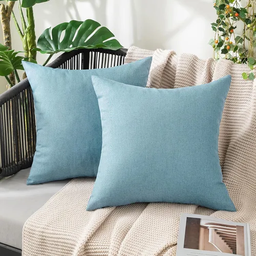 Vista 50 de MIULEE - Paquete de 2 fundas de almohada decorativas para exteriores, impermeables, sólidas, de imitación de lino, para jardín, casa de campo, Azul
