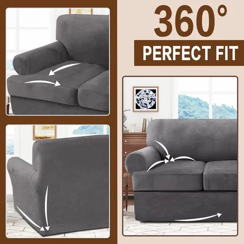 Vista 4 de NA - Funda de terciopelo para sofá con cojín en T, 3 piezas, funda de sofá suave para sofá, protector de muebles con 2 asientos individuales en Gris