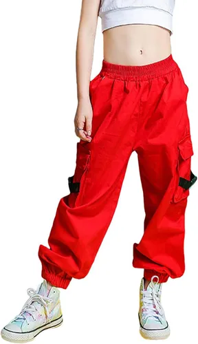 Vista 13 de Rolanko - Pantalones cargo para niñas, ropa callejera holgada, de hip hop, para bailar, de algodón, jogger para niños de 4 a 15 años Verde militar