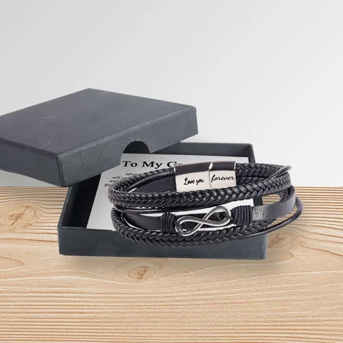 Vista 7 de Pulsera de cuero trenzado con texto en inglés «Love You Forever» para hombres y niños, pulsera inspiradora de acero inoxidable, pulsera de cuero