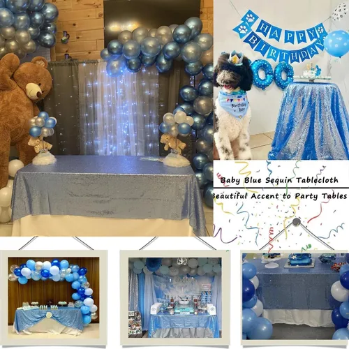 Vista 5 de Mantel de lentejuelas color azul bebé de 50" Cubierta de mesa con purpurina redonda color azul claro de lentejuelas metálicas Sobremanteles de mesa