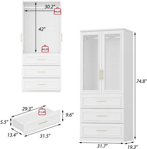 Vista 2 de WOODTIME Armario con barra para colgar, 3 cajones enmarcados y 2 puertas de cristal, armario de madera moderno, organizador de armario
