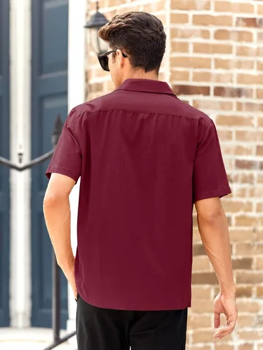 Vista 3 de Guayabera - Camisas de lino de algodón cubano de manga corta con botones estilo casual cuello para la playa