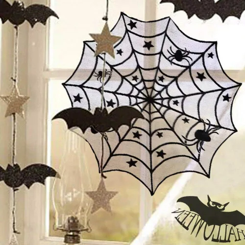 Vista 5 de Camino de mesa de Halloween, mantel redondo de encaje de araña de 40 pulgadas, mantel de Halloween para cena de Halloween (negro)