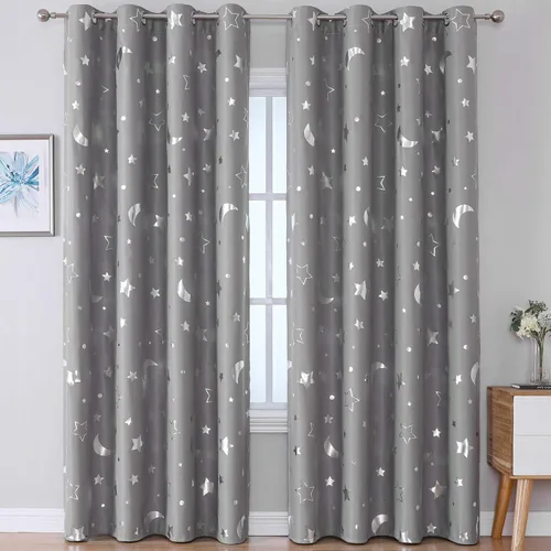 Vista 20 de WUBODTI Cortinas grises 100% opacas con diseño de estrellas para habitación de niños, 45 pulgadas de largo, juego de 2 paneles de cortinas