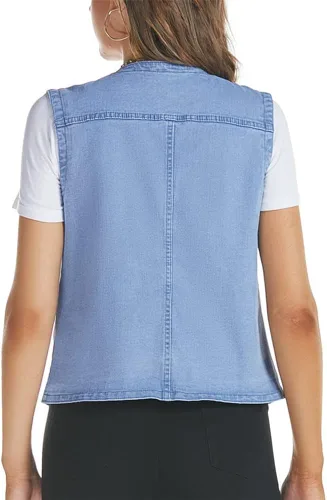 Vista 4 de Kedera Chaleco de mezclilla sin mangas para mujer, cuello en V, abotonado, ligero, chaqueta de mezclilla