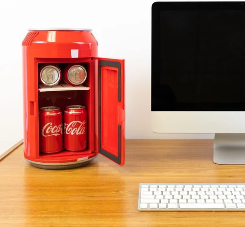 Vista 6 de Coca Cola Mini Refrigerador - Refrigerador para Dormitorio, Oficina, Enfriador de Bebidas Portátil de Mesa, Refrigerador de 12V 220V para Bebidas