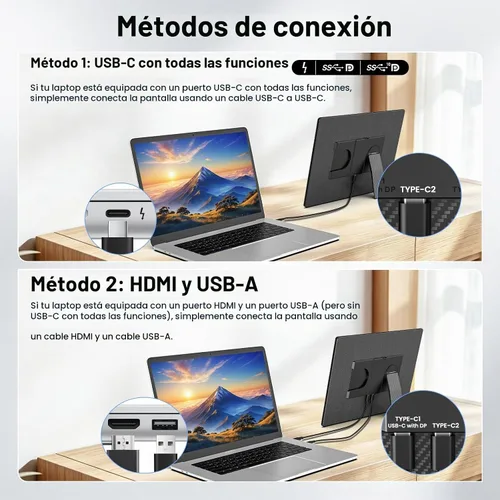 Vista 6 de Monitor portátil de 16.1 pulgadas para laptop, 1200P FHD, extensor de pantalla ultrafino horizontal vertical con soporte desmontable giratorio