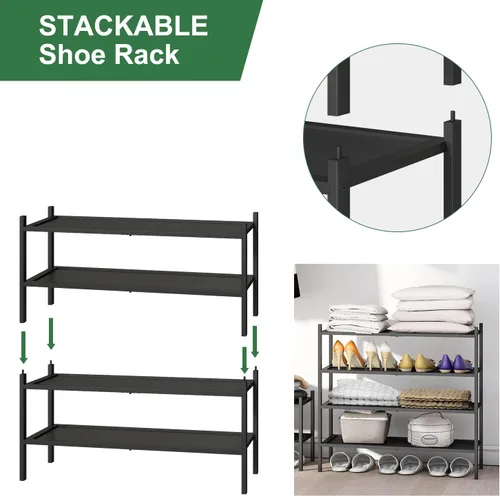 Vista 6 de kiplant Zapatero de bambú negro de 2 niveles, zapatero apilable de madera de bambú para armario, entrada y pasillo