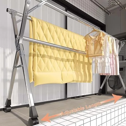Vista 4 de Collapsible Stainless Steel Clothes Drying Rack – Adjustable & Foldable Laundry Rack with 20 Windproof Hooks – Space-Saving Garment Dryer for Indoor