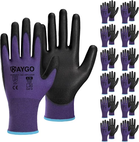 Vista 24 de KAYGO KG11PB - Guantes de trabajo de seguridad con revestimiento de poliuretano, 12 pares de guantes de punto sin costuras para hombres y mujeres
