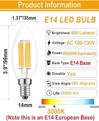 Vista 2 de Bombilla LED E14 regulable, 110 V, 600 lm, 60 W, equivalente a blanco cálido 3000 K, bombillas de candelabro de base europea E14 para lámpara turca