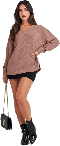 Vista 3 de ANRABESS Camisas de manga larga de gran tamaño para mujer, sudadera con hombros descubiertos, holgada, cuello en V, suéter alto y bajo 2025
