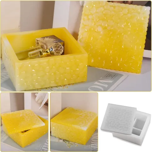 Vista 5 de Caja de almacenamiento cuadrada Moldes de fundición de resina con tapa, caja apilable de ondas de agua, moldes de silicona, estuche de joyería