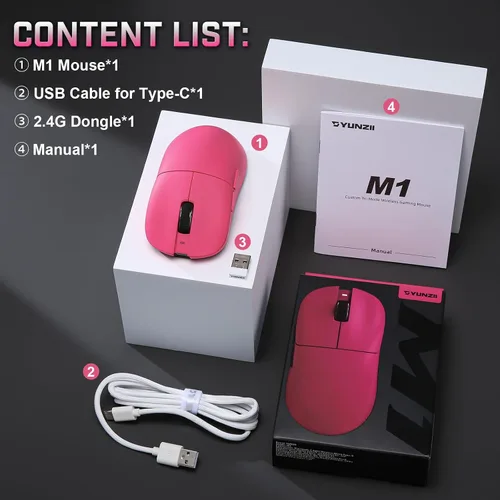 Vista 9 de YUNZII Ratón inalámbrico para juegos M1, mouse para juegos trimodo 2.4G/BT/cable, sensor PAW3311 10000 DPI recargable con 5 botones programables