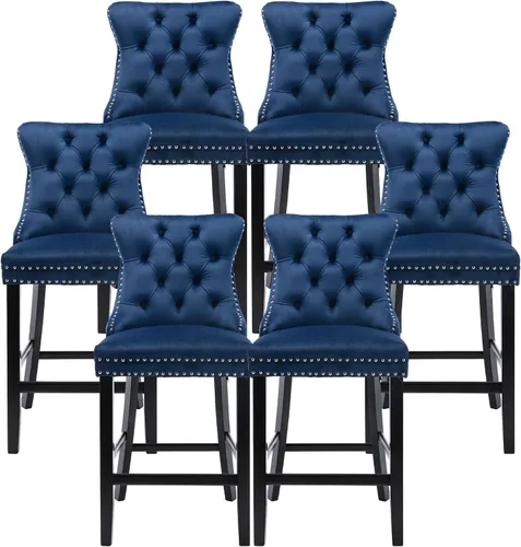 Vista 31 de Taburetes de bar tapizados de terciopelo modernos de 27 pulgadas con patas de madera, botón con cabeza de clavo cromada, taburetes de bar con Beige