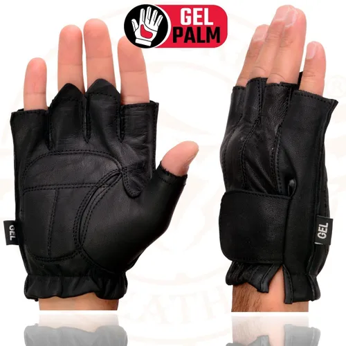 Vista 3 de Milwaukee Leather SH442 - Guantes de piel sin dedos para hombre, negros, con palma acolchada de gel para motocicleta, con suave "cuero genuino