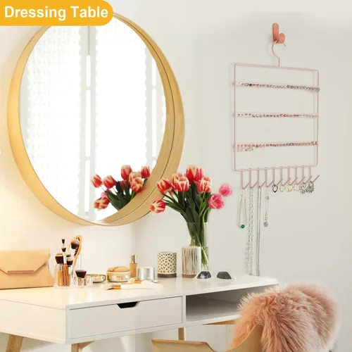 Vista 6 de Soporte organizador de joyas colgante, organizador de collar y aretes con 72 agujeros y 10 ganchos, hecho de hierro, adecuado para joyas, decoración