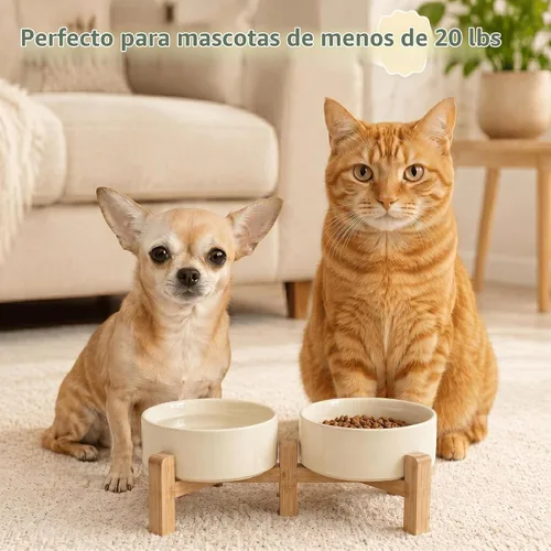 Vista 7 de SPUNKYJUNKY Cuencos Elevados para Perros de Cerámica, 5.1'' Cuencos de Comida y Agua para Perros y Gatos Elevados con Soporte de Bambú Beige