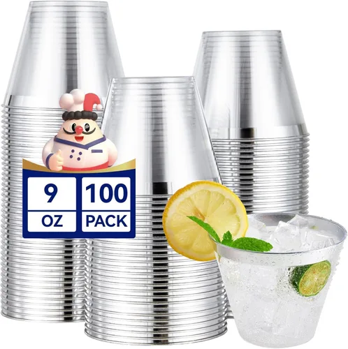 Vista 10 de JOLLY CHEF Paquete de 100 Vasos de Plástico Dorado, Tumblers de Plástico Transparente de 9 oz, Elegantes Vasos con Borde Dorado, Vasos Desechables